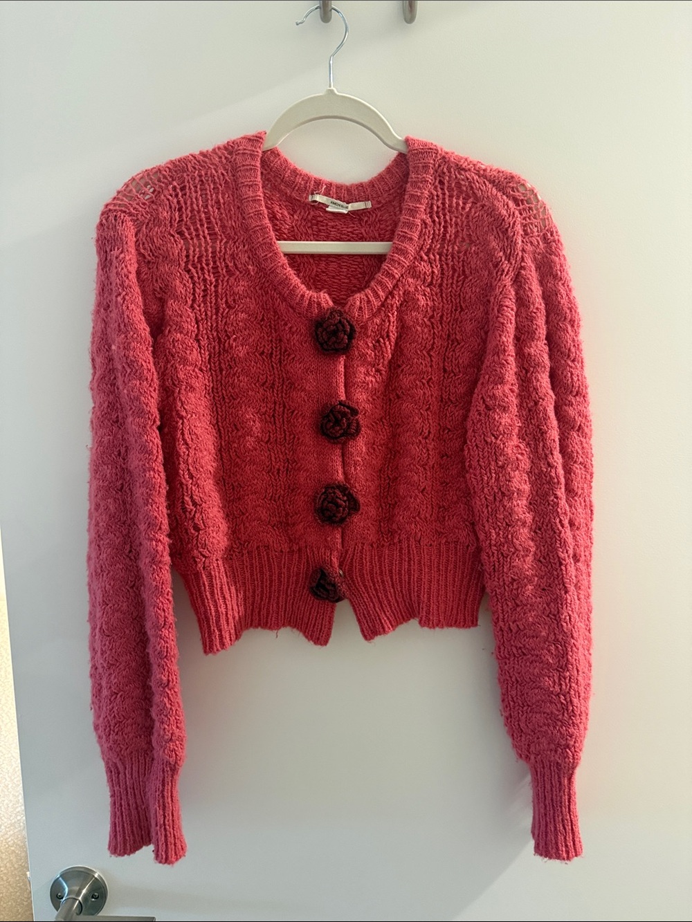 Urban Outfitters Pink Cable Knit Cropped Cardigan with Rose Buttons